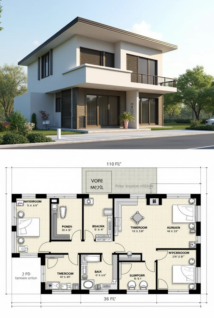 duplex moderne avec un seul etage construit sur 10m de large . avec un balcon et une façade avec des disingne realiste. avec de belle couleur avec plan 2d