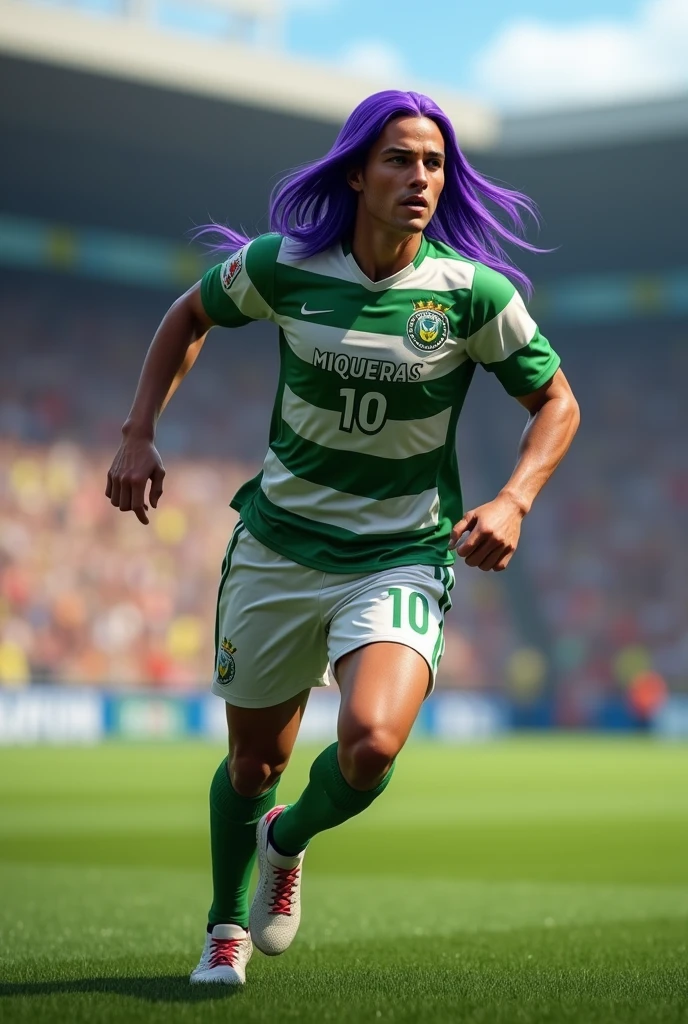 create an image of an adult, straight purple hair, with the Palmeiras shirt with the name "Miquéias" number 10 running around the stadium (ultra realistic)