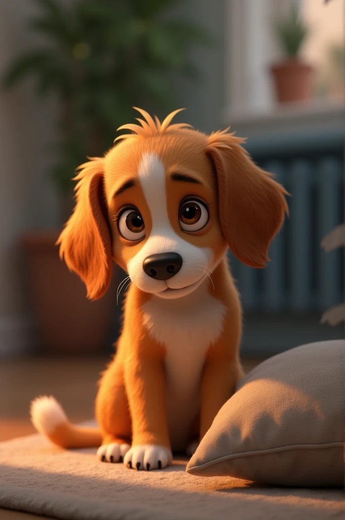 A sad dog in his house in animation