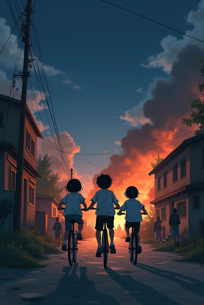 3 boys and 2 girls are on bikes, they are hurrying, they are on the side, we can&#39;t see them from the front but they are in a group ,and in the background there is war with houses on fire ,to smoke it , bombing and soldiers running villagers are crying and running ,  il fais nuit noir !  style anime un peu réaliste 