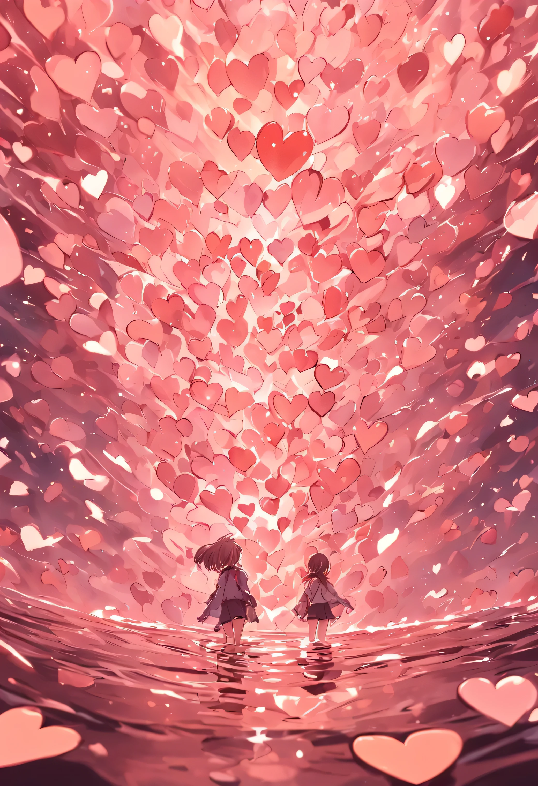 flood of rose gold colored big metallic hearts in a river of silver water