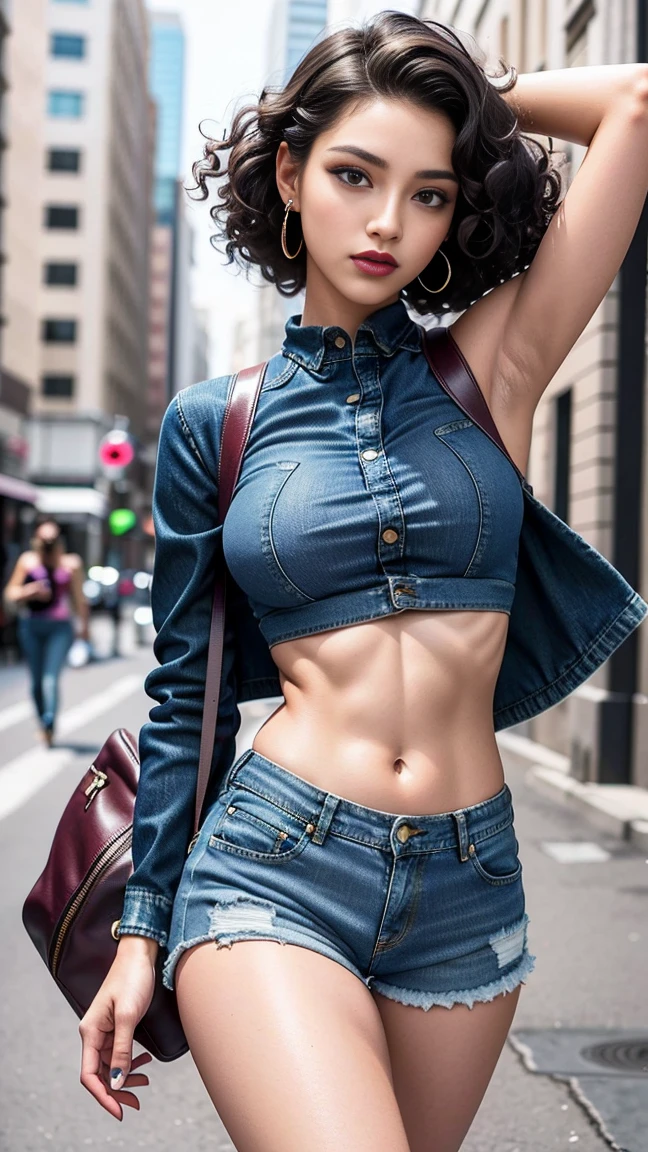 [[((young attractive Asian woman:1.5)), ((Sophie Tan:1.4)), standing in front of a graffiti-covered wall, with her back to the camera. She is wearing ((baggy jeans that sit low on her hips and a tight crop top:1.2)). Her hair is styled in long braids, and she has a seductive, intense gaze over her shoulder. The background features vibrant graffiti art and an urban setting. The scene is captured with a ((full-frame DSLR:1.2)) using a ((35mm prime lens:1.2)) to keep the woman in sharp focus while the background is slightly blurred. Post-production enhances the vibrant colors and adds a ((soft bokeh effect:1.1)) to the background. The image should be in ((8K resolution:1.1)) with ((hyper-realistic detail:1.3)). The backdrop highlights the graffiti-covered wall with detailed textures of the art. The focus is on the woman's baggy jeans and seductive, intense gaze. Bright natural lighting is used with slight enhancements to create a dynamic and edgy atmosphere, with a ((soft bokeh effect:1.1)) on the background, enhanced vibrancy, and high contrast to make the scene pop. She is standing with one hand on her hip, looking seductively over her shoulder, exuding confidence and allure, embodying Y2K hip hop chic.]]