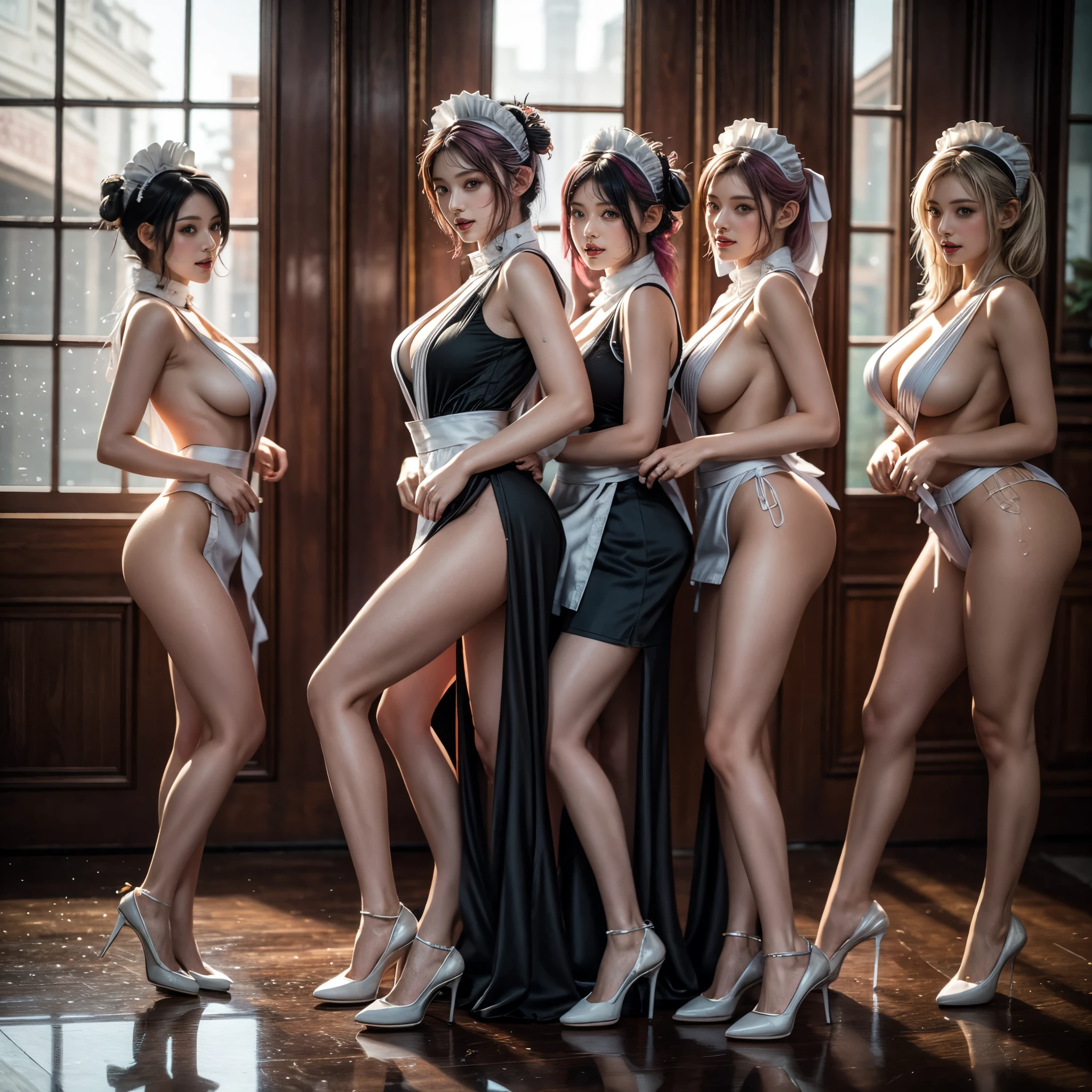 (Full Body of Extremely Detailed((Sexy Maid Group in a row:1.37))), KAWAII perfect face, Reflective Eyes, Detailed(Delicate Clothing textures), Correct Bewitching Leg Line, Dynamic Joyful Expressions LifeLike Rendering, Specular Reflection, TopQuality 8K Ultra-detailed masterpiece (ProfessionalPhoto:1.37), (Acutance:0.8), (Luminism:1.28), Renaissance art style, Colorful Light particles, ((Full body from side)), {MicroMini Skirt|Kissing Face to Face|Thigh Gap|Cute Peach AssFocus|(NakedApron with (Overflowing Sideboob))}, Radiant Fine Skin with Transparency, {Pink Hair|LightBlue Hair|Platinum Blonde|Pure White Hair|Liquid Hair|Red HighHeels}, Perfect Lighting