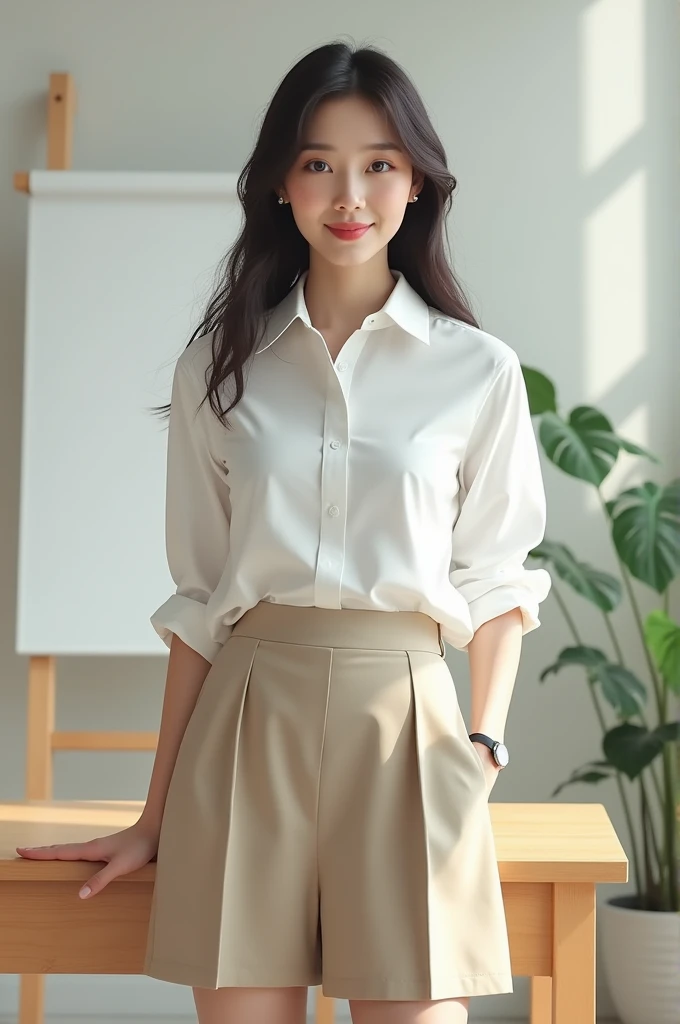 Beautiful Korean teacher in shirt and short skirt