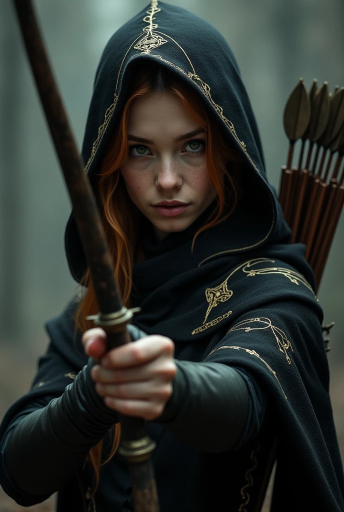 Draw a female half-elf with white skin, eyes black, little elf ears, chestnut hair, wearing a black cloak with gold details and a built-in hood holding a crossbow in his hands and a quiver on his back with a handful of arrows.
