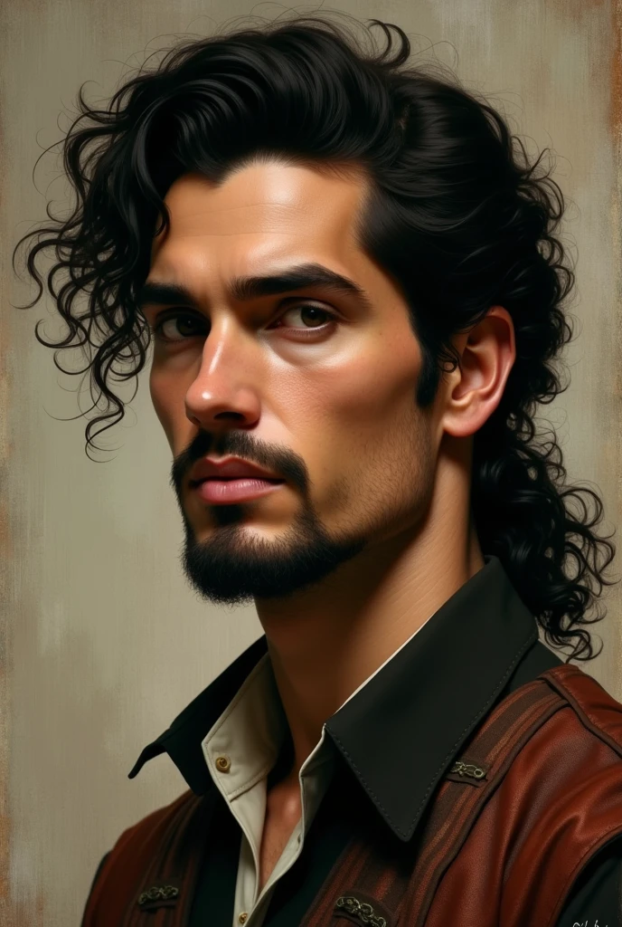 Make a Renaissance art of a man, with curly black hair, ele usa Mullet. He's brown, with goatee and mustache. A triangular face. A little dark circles.