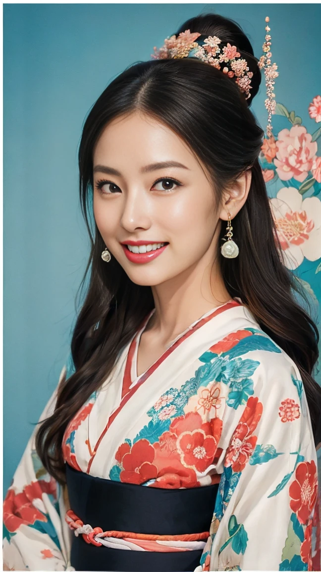 (SeaArt creates stunning illustrations of beautiful women in kimono)、Vividly colored Japanese Ukiyo-e style illustrations、A beautiful woman smiles and shows her upper white teeth、Brown-black long hair、Beautiful full body style、If you want to dance, let's dance, Tokyo Ondo, Yoi Yoi、Beautiful new digital paintings,、Bright vibrant digital anime art、 Beautiful anime portraits、background,Torii gate front of Japanese shrine、 Detailed digital anime art、