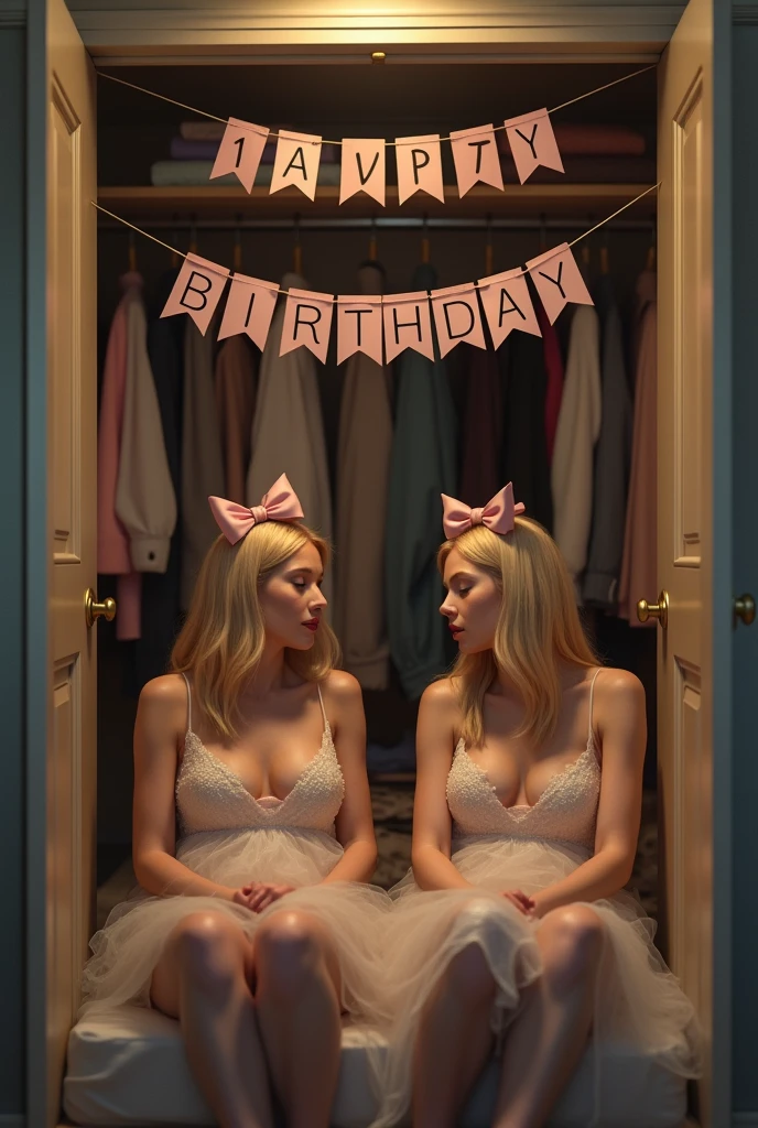 A casually dressed man walks into his wife&#39;s room, He opens his large closet and is shocked to see that there are two identical, naked, beautiful blonde women , They are sitting and sleeping with gift bows on their heads and plastic covers, There is a banner that says "happy birthday" hanging in the closet", Realistic details, Hyper-realistic image quality