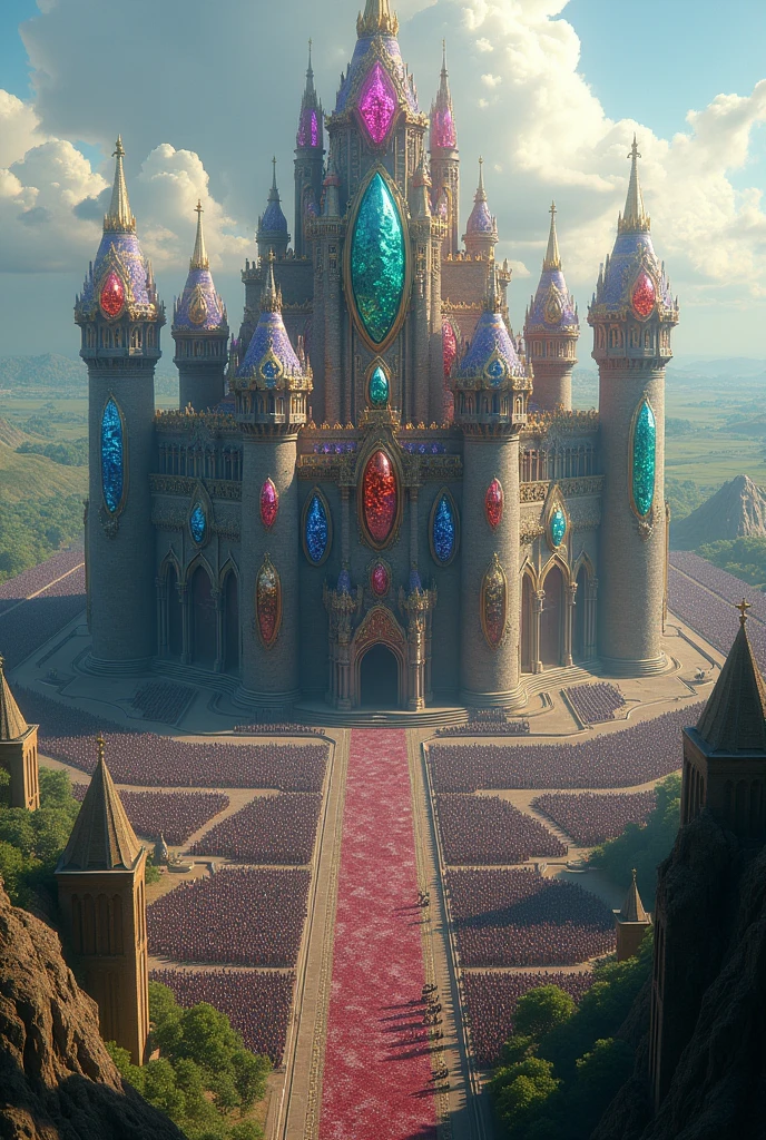 Generate an invincible, rich, indestructible, unmatched, huge medieval-themed jewel kingdom, The view of the image is seen from above. You can see a large army outside the city organized into several battalions with thousands of men. The castle has several gems: diamond, ruby, sapphire, emerald, topaz, amethyst, all types of jewelry imaginable., in each tower of the castle there is a giant diamond ruby emerald sapphire topaz, each jewel in each tower has its own emerald green color , Red ruby, white diamond, purple amethyst,, blue sapphire,