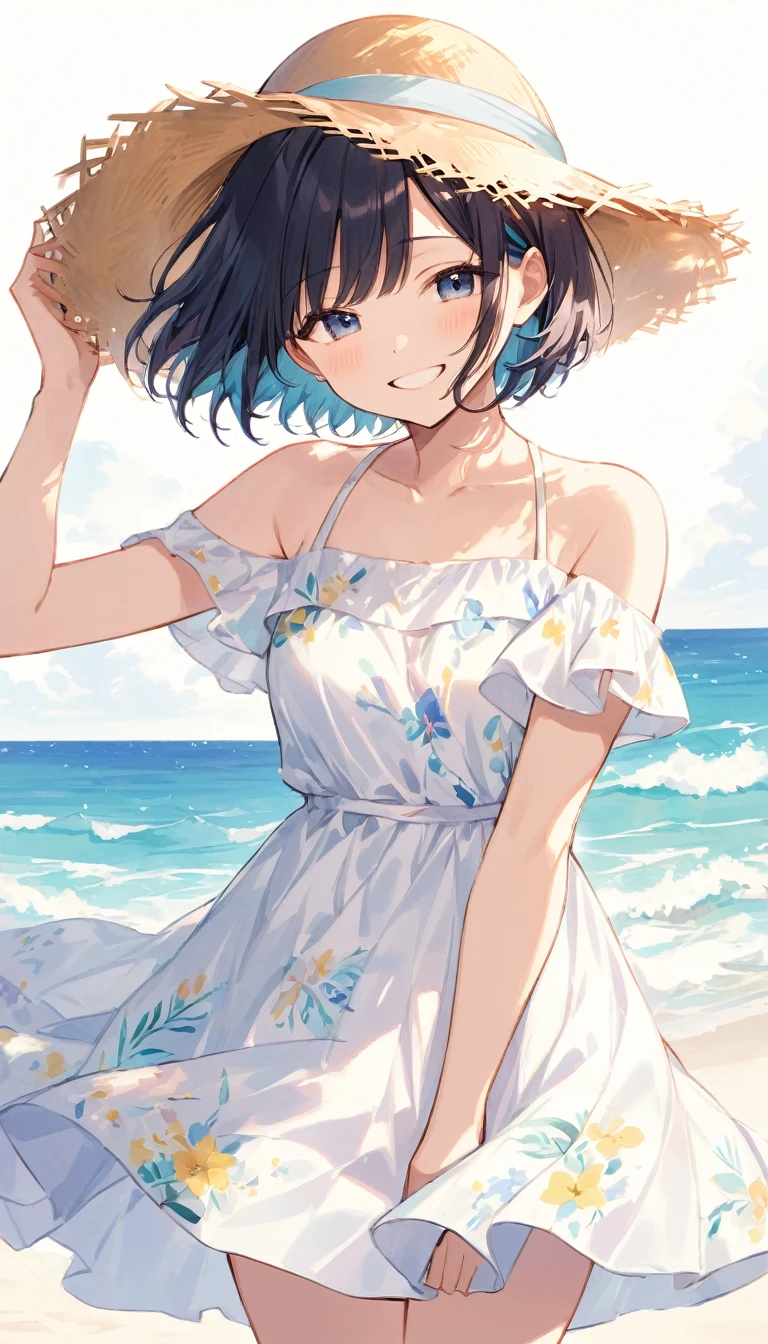 coastal、Black short bob、White floral dress、Straw hat、He turns to me, holds his hat and smiles.