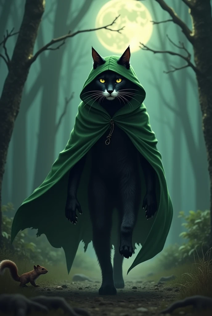 Homme chat avec le pelage noir et les babines blanche .dressed in a green prowler-style cape equipped with a hood that lets the ears through Nose pointing upwards as a squirrel flies past In the background a forest illuminated by moonlight