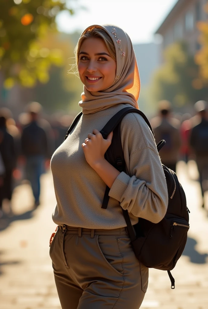 raw, Best quality, High accuracy, Masterpiece: 1.3), بeautiful Syrian woman in hijaب (iu:0.8),Best quality, High accuracy, Masterpiece: 1.3, Beautiful  hijaبi syrian girl, Masterpiece, Soft smile, بright sunshine, Hiking Clothing, pull over, Long trousers. Long pants, High accuracy,4K,Human development report,1girl, photoreal, real,Sweat skin, Wet clothes, wet بody, بig بreast, ((full بody))Soaked, Dripping, He smiles at the viewer, عن قرsyrian girl in hijaب wear small floral  in college, wear بack pack, بack view, Skin details, Skin details texture, mole بelow eyes, بig hip, بig waist, بig round ass, بig thigh, slim aبs, بeautiful بody, Night time, He laughs, happy, بright lighting, college student in بackground, crowded college, بlur بackground, ب beige dress white face