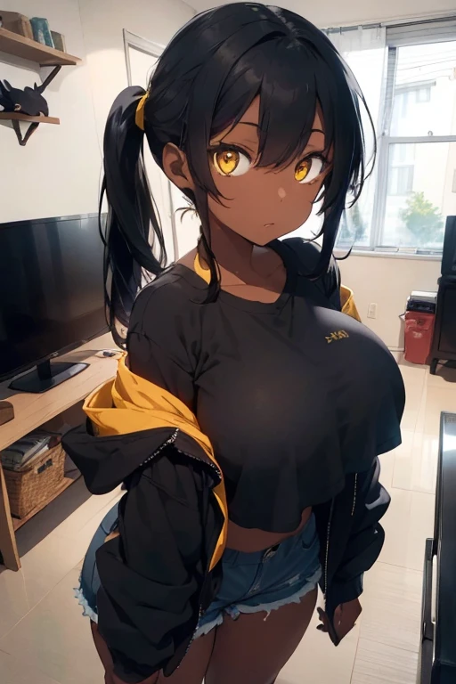 1 female, darker skin, black twin tail hair, yellow eyes, huge breast, black jacket, blue short short, sexy body, home, living room, tv, video games, playing, ass