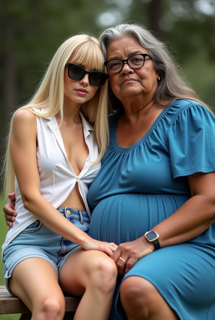 Create a photo of a 20 year old young woman, with a slender and beautiful body, wearing jean shorts and an open white shirt with bare breasts, with white and clear skin, with long blonde hair and bangs, wearing sunglasses while sitting on the lap of a 90 year old elderly lady, obese, dark black skinned, who wears glasses and a blue dress