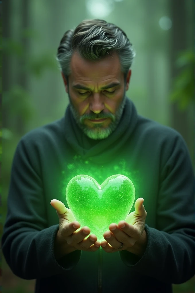 Man holding a green heart in his hands