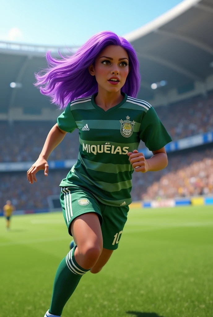 create an image of an adult, straight purple hair, with the Palmeiras shirt with the name "Miquéias" number 10 running around the stadium (ultra realistic)