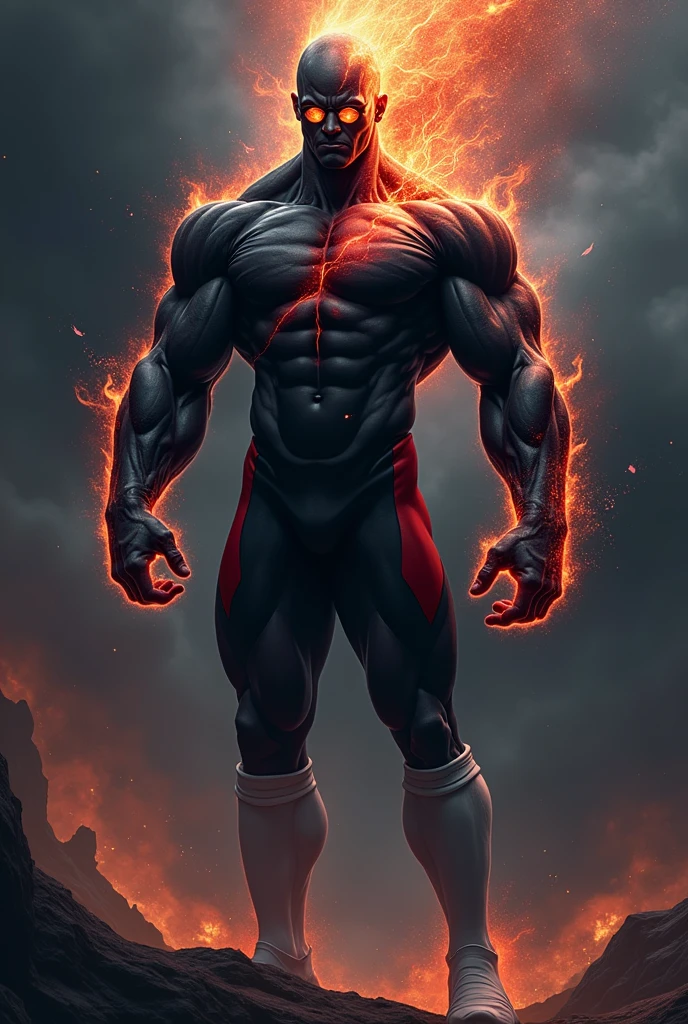 The fused being is an entity of immeasurable power, with a presence that transcends dimensions. Its height is imposing, much taller than an average human, and his muscles are exaggeratedly defined, with every muscle perfectly sculpted and vibrating with pure energy. His skin has a dark tone, almost black, that shines with an ethereal glow as if it contained the stars themselves.

His face is a fusion of the physical perfection of Maximilian and Lucas, with sharp and symmetrical features. His eyes are intense and penetrating., of a color that constantly changes between red and black, as if the fire and emptiness of the cosmos burned within them. He has no beard and his face is completely shaven., highlighting his powerful jaw. On his nose, He wears round glasses that reflect the light of the stars., and in his ears, A pair of shiny earrings that emit a faint glow.

The suit that covers her body is a mix of black and red lycra, merging the colors that once distinguished Maximilian and Lucas. This suit fits perfectly to your colossal figure, enhancing every fiber of your muscles. The cloak he wears is long and made of dark matter that seems to contain entire galaxies., flowing behind him like a trail of cosmic energy. The white soccer socks that cover her thighs now have a soft sheen, as if they were imbued with the light of a thousand suns.

His aura is of overwhelming intensity, with a halo of energy that fluctuates between burning fire and absolute darkness. This being walks between dimensions with astonishing ease., capable of creating or destroying realities with a simple gesture of his hand. His presence inspires both fear and reverence., and its power is unlimited, being able to transcend any known limits in the multiverse.