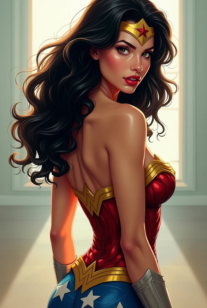 Photographic portrait of Wonder Woman, Sexy, wavy-haired superheroine, by artgerm, in the style of realism, glowing skin, Cartoon, mangacore, natural lighting, Defined full lips. Female body fitness muscle (domino mask) (back view)