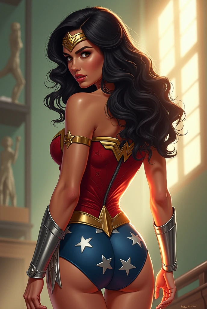 Photographic portrait of Wonder Woman, Sexy, wavy-haired superheroine, by artgerm, in the style of realism, glowing skin, Cartoon, mangacore, natural lighting, Defined full lips. Female body fitness muscle (domino mask) (back view)