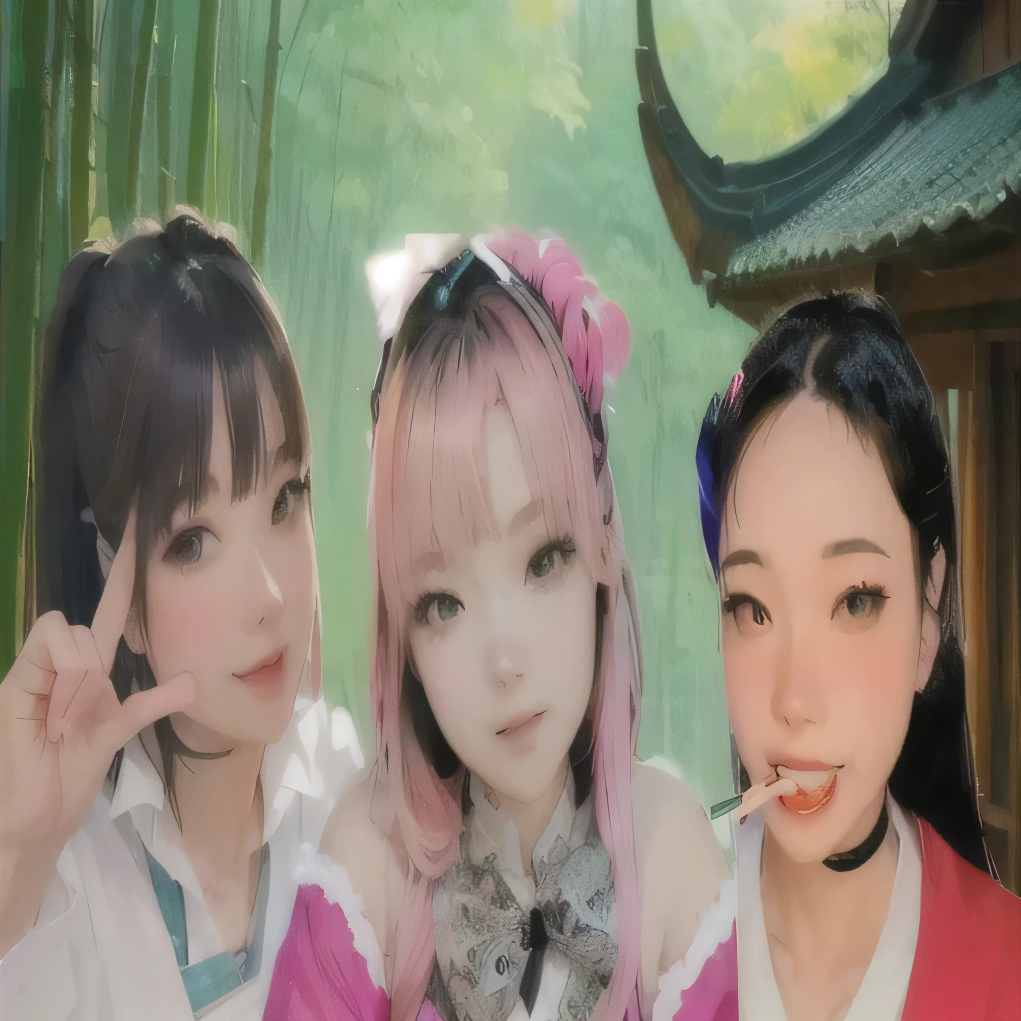 there are three girls with different colored hair posing for a picture, ruan cute vtuber, fairycore, anime girl in real life, anime style only, anime-style, profile pic, chinese fantasy, artwork in the style of guweiz, inspired by Chen Chi, anime realism style, lofi girl aesthetic, trending at cgstation, in japanese anime style