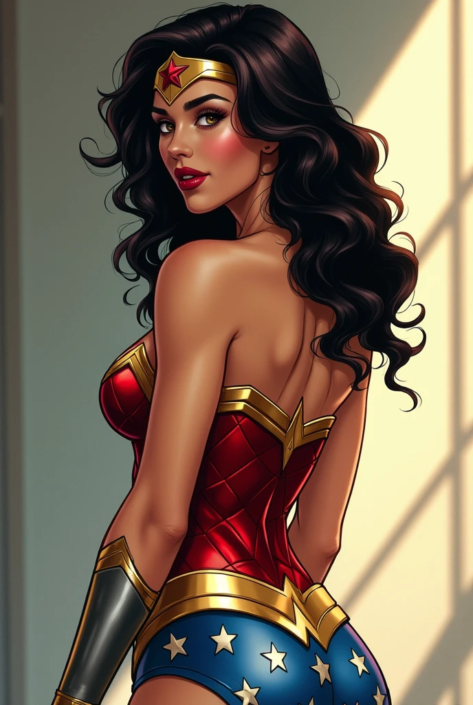 Photographic portrait of Wonder Woman, Sexy, wavy-haired superheroine, by artgerm, in the style of realism, glowing skin, Cartoon, mangacore, natural lighting, Defined full lips. Female body fitness muscle (domino mask) (back view)