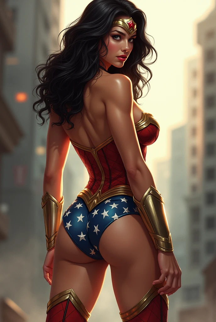 Photographic portrait of Wonder Woman, Sexy, wavy-haired superheroine, by artgerm, in the style of realism, glowing skin, Cartoon, mangacore, natural lighting, Defined full lips. Female body fitness muscle (domino mask) (back view)