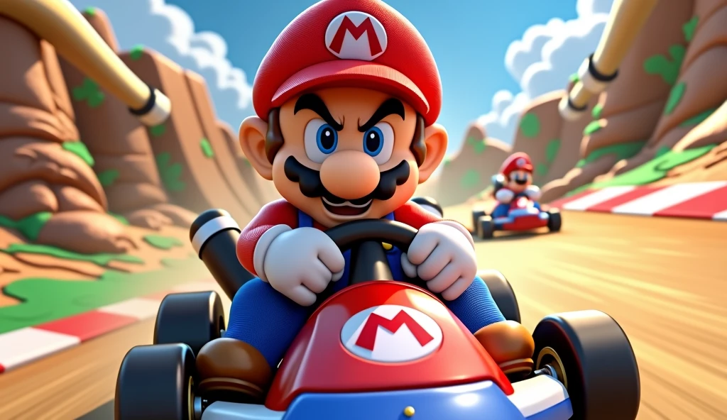 Angry Mario in the foreground on a kart, with a Mario Kart Double dash circuit in the background.
