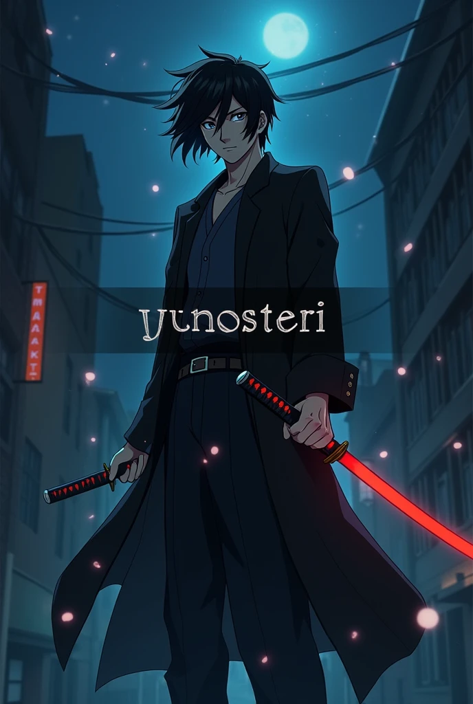 Man with black hair, whose eyes glow slightly and a katana in the night in anime style, in the middle of the picture the word Yunosteri