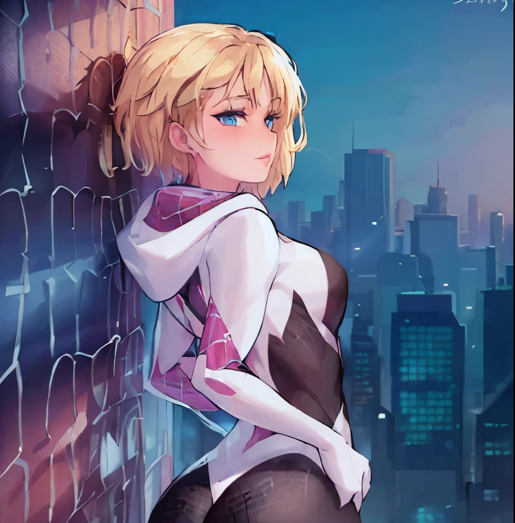((1girl)),((alone)),Gwen stacy,\( spiderman\),(masterpiece), (best quality), (ultra detailed), (best illustration), (best shadow), (absurdities), sharp focus, cowboy shot, atmospheric perspective, depth of field, dynamic posture, ((looking at viewer)), medium breasts, narrow waist, medium hips, wide thighs, round butt, erotic, romantic, (highly detailed eyes, lips 1.1), very detailed eyes, eyes, Very detailed face, Very beautiful face, Symmetrical face, Aesthetic face, perfect face, perfect eyes, detailed eyelashes: 1.5), full height, beautiful slim figure, femininity, expressive appearance, elastic big breasts , sexuality, parted lips, (blue eyes), blonde hair, short hair, Ghost spider, gwen in a black suit with a spider in the center of her chest in white, organic looking suit, sticky forehead, symbiote, white eyes, curves, defined body,Perfect and beautiful body, perfect and beautiful, closed mouth, mocking smile, flirtatious expression,(sexy pose: 1.2), ((solo)), standing: 1.3,((outdoor, cityscape, city, rooftop of a skyscraper, buildings,leaning on a railing, buildings,night, city lights)), Looking back, from behind,((focus on ass:1.3)), point of view:(from middle), anatomy perfect, perfect hands