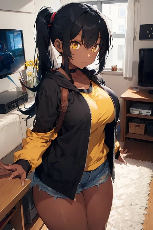 1 female, darker skin, black twin tail hair, yellow eyes, huge breast, black jacket, blue short short, sexy body, home, living room, tv, video games, playing, ass