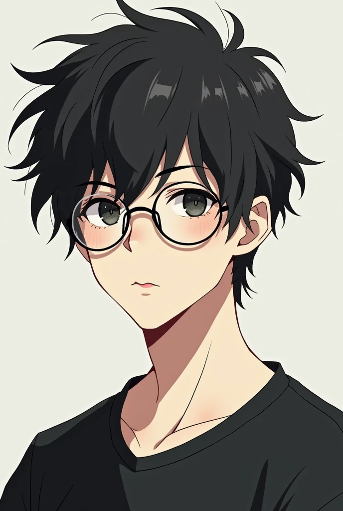 Anime alpha guy with circle glass and and messy hair no lip color small eye