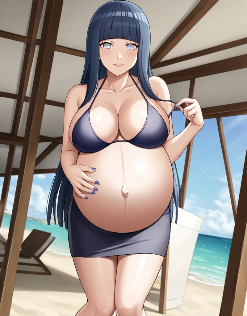 HYUUGAHIN, LIGHT GRAY TOP, "BLACK LONG HAIR", BLUE EYES, 1GIRL, BLUNT BANGS, Hinata Hyuga, Naruto: The Last, long indigo hair, straight hair, soft bangs, pale lavender eyes, mature, refined, elegant,
high-quality, ultra-detailed, beast quality, 8K resolution, anime style, beach,
looking at viewer, dutch angle, cowboy shot, smile, pregnant belly, large belly, big belly, big Breasts, belly button, bikini, skirt,
1girl,solo, indoors, happy, Smiling, rub belly,
full body, Nail polish, 