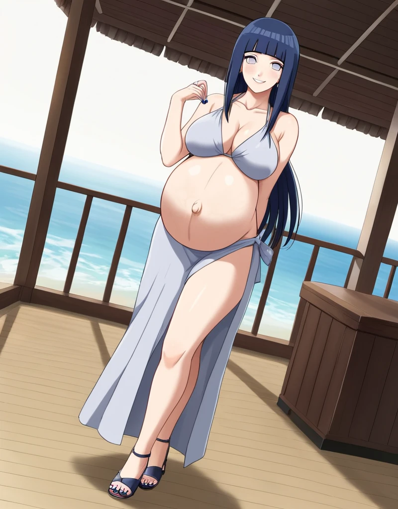 HYUUGAHIN, LIGHT GRAY TOP, "BLACK LONG HAIR", BLUE EYES, 1GIRL, BLUNT BANGS, Hinata Hyuga, Naruto: The Last, long indigo hair, straight hair, soft bangs, pale lavender eyes, mature, refined, elegant,
high-quality, ultra-detailed, beast quality, 8K resolution, anime style, beach,
looking at viewer, dutch angle, cowboy shot, smile, pregnant belly, large belly, big belly, big Breasts, belly button, bikini, skirt,
1girl,solo, indoors, happy, Smiling, rub belly,
full body, Nail polish,