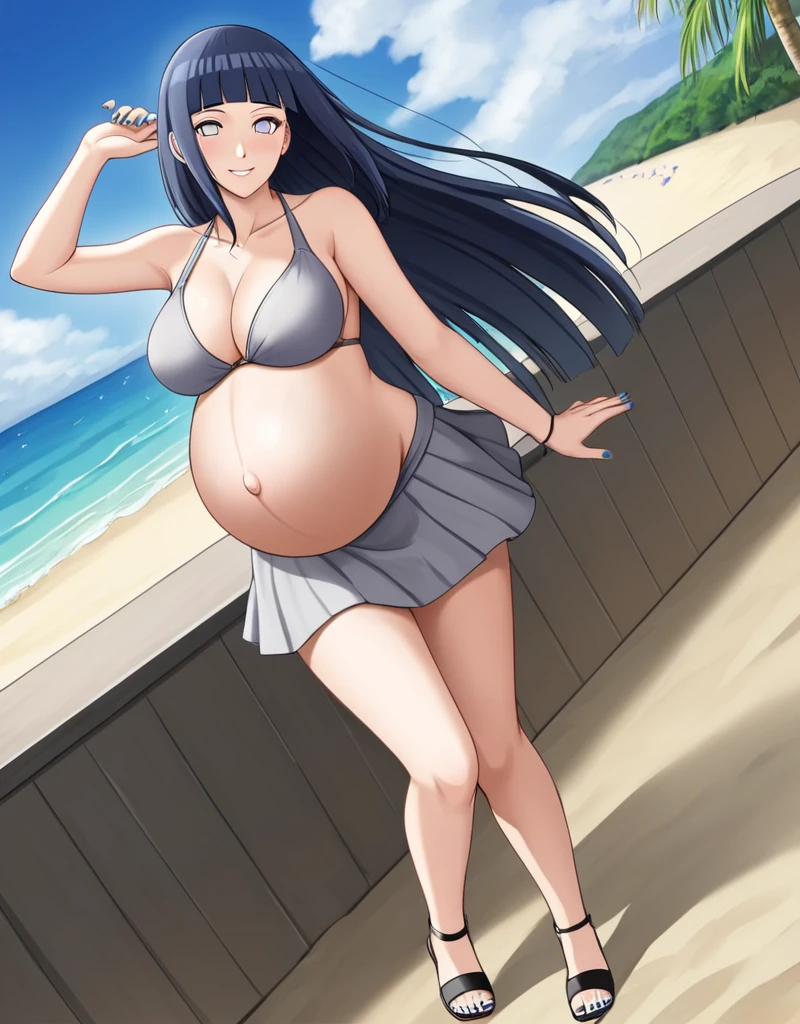 HYUUGAHIN, LIGHT GRAY TOP, "BLACK LONG HAIR", BLUE EYES, 1GIRL, BLUNT BANGS, Hinata Hyuga, Naruto: The Last, long indigo hair, straight hair, soft bangs, pale lavender eyes, mature, refined, elegant,
high-quality, ultra-detailed, beast quality, 8K resolution, anime style, beach,
looking at viewer, dutch angle, cowboy shot, smile, pregnant belly, large belly, big belly, big Breasts, belly button, bikini, skirt,
1girl,solo, indoors, happy, Smiling, rub belly,
full body, Nail polish, 