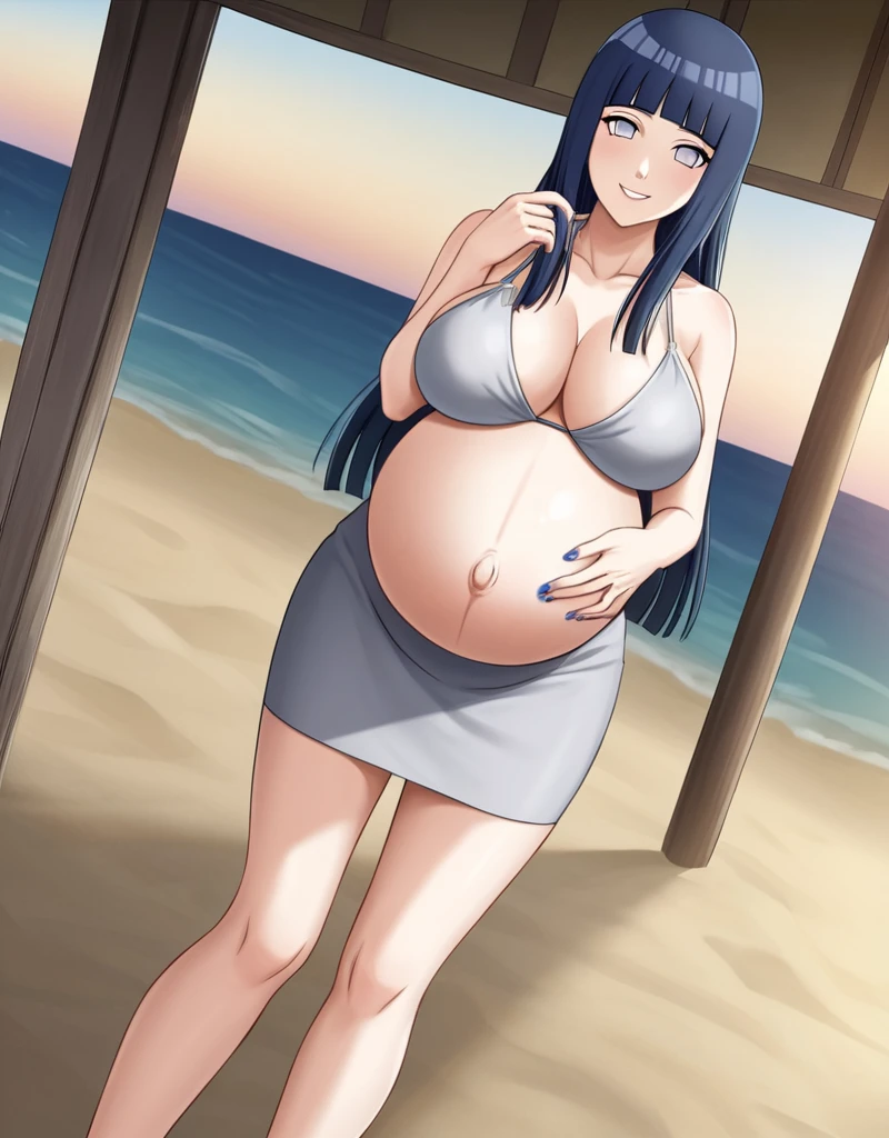 HYUUGAHIN, LIGHT GRAY TOP, "BLACK LONG HAIR", BLUE EYES, 1GIRL, BLUNT BANGS, Hinata Hyuga, Naruto: The Last, long indigo hair, straight hair, soft bangs, pale lavender eyes, mature, refined, elegant,
high-quality, ultra-detailed, beast quality, 8K resolution, anime style, beach,
looking at viewer, dutch angle, cowboy shot, smile, pregnant belly, large belly, big belly, big Breasts, belly button, bikini, skirt,
1girl,solo, indoors, happy, Smiling, rub belly,
full body, Nail polish, 