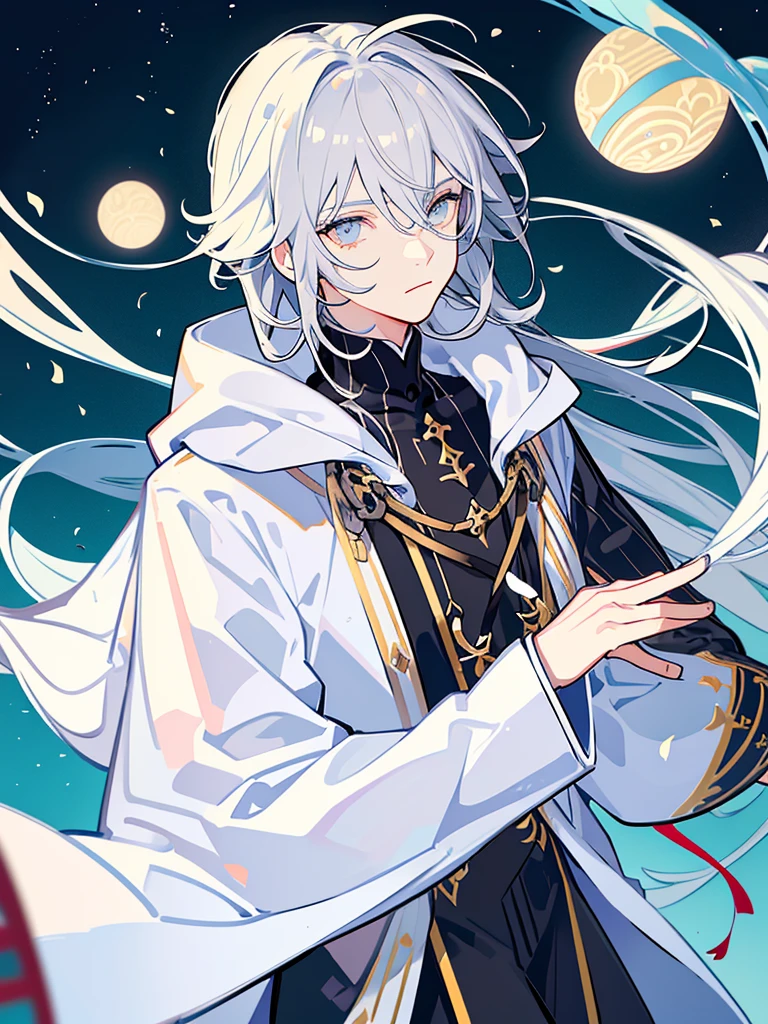 VTuber illustrations、High resolution、whole body,Gray Hair,Neutral Facial Features,cute,Clever boy,Bangs between the eyes, White eyes, Long eyelashes, Bright Eyes, Sparkling eyes, Glowing Eyes, fortune teller,Wearing the hood of a cloak,Black clothes,No background,Background white,magician,Wizard
