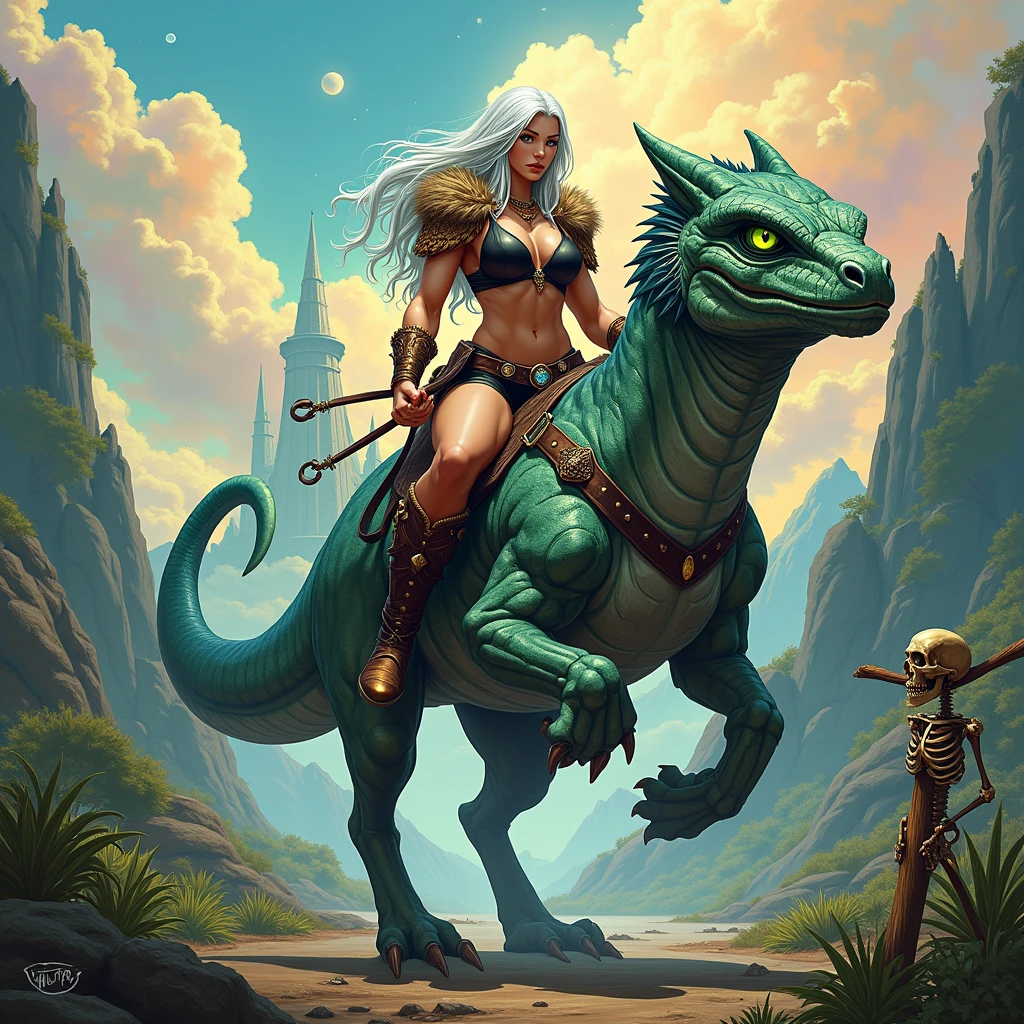 In  a dramatic comic book style, richly detailed with stylized portions. Zara, a powerful female warrior, rides atop an exotic beast in a fantasy setting. She has long straight white hair, green eyes, and a muscular body. She wears a black top with copper trim, a black pelvic curtain that leaves her hips and legs bare, black shoulder pads with copper trim, fur-trimmed boots, and copper bracers with gemstones embedded in her armor. Her (arms, legs and midriff are bare), (bare midriff:1.2), bare legs, and she sits confidently on the back of a massive, mythical creature— a lizard, with scales shimmering in iridescent hues and a pair of mighty wings folded at its sides. The creature has a long, sinuous tail, and sharp, intelligent eyes that reflect Zara’s own strength and determination. The landscape around them is mystical and exotic, with a multicolored sky and towering, otherworldly flora, a crumbling tower can be seen in the distance while in the foreground a skeleton is nailed to a wooden post. Zara and the beast are ready for whatever challenges lie ahead, creating a scene of dynamic movement and powerful energy. She holds the reins in one hand as she looks off to the side. 