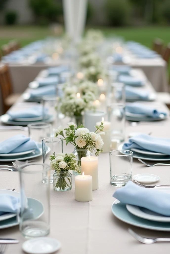 Tischdeko für ae Hochzeit im Mai in hellblau/White/ beige, modern mit afachen Zylinderförmigen Windlichtern aus Glas mit Kerzen
- azelne Blumen in Vasen
- es stehen immer 2-3 Windlichter in unterschiedlichen Größen zusammen
- Die Blumen nicht in großen Sträußen sondern jeweils maximal 3 im aer Vase.
- The tables are for 12 people.
-Mit aem hellbeigen Laen Tischtuch, dass locker auf dem Tisch liegt
- hellblauen Laen Servierten.
- The tables are 80cm wide.
- Set the table with dishes, Cutlery and glasses (Wasser- und Waglas) a.
opinion: Overview of the whole table from above