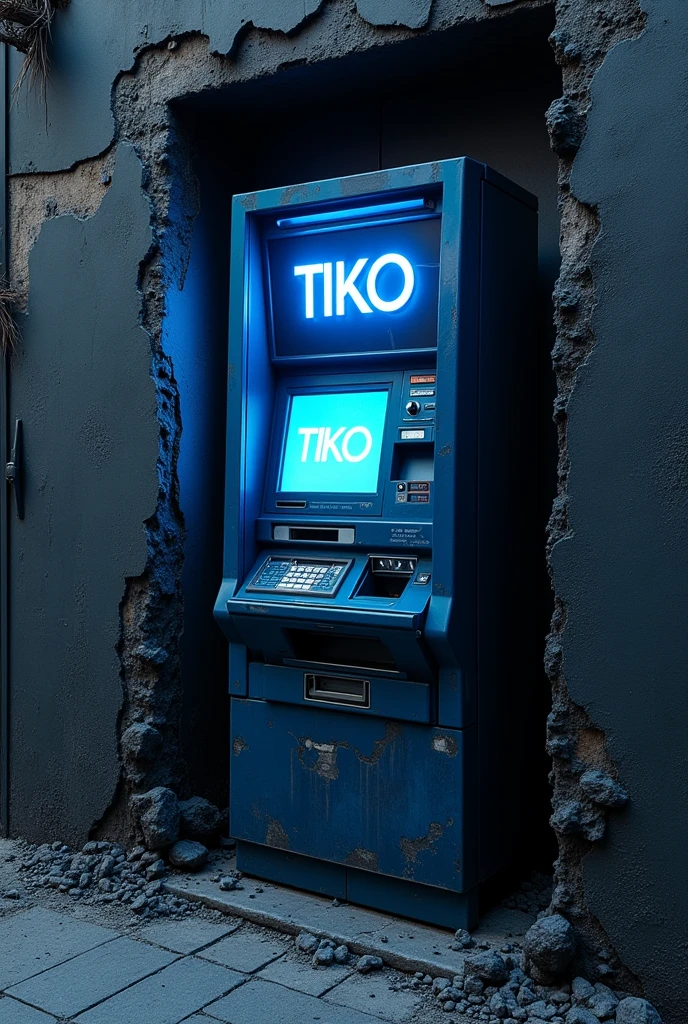 A blue ghetto atm with Tiko marked on the screen in blue for a wallpaper that looks like an Apple emoji from the front with a wall behind and the atm is tucked into the very ghetto black wall