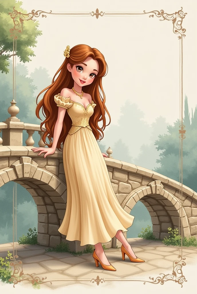 Disney style female character drawing leaning on a lineart stone bridge