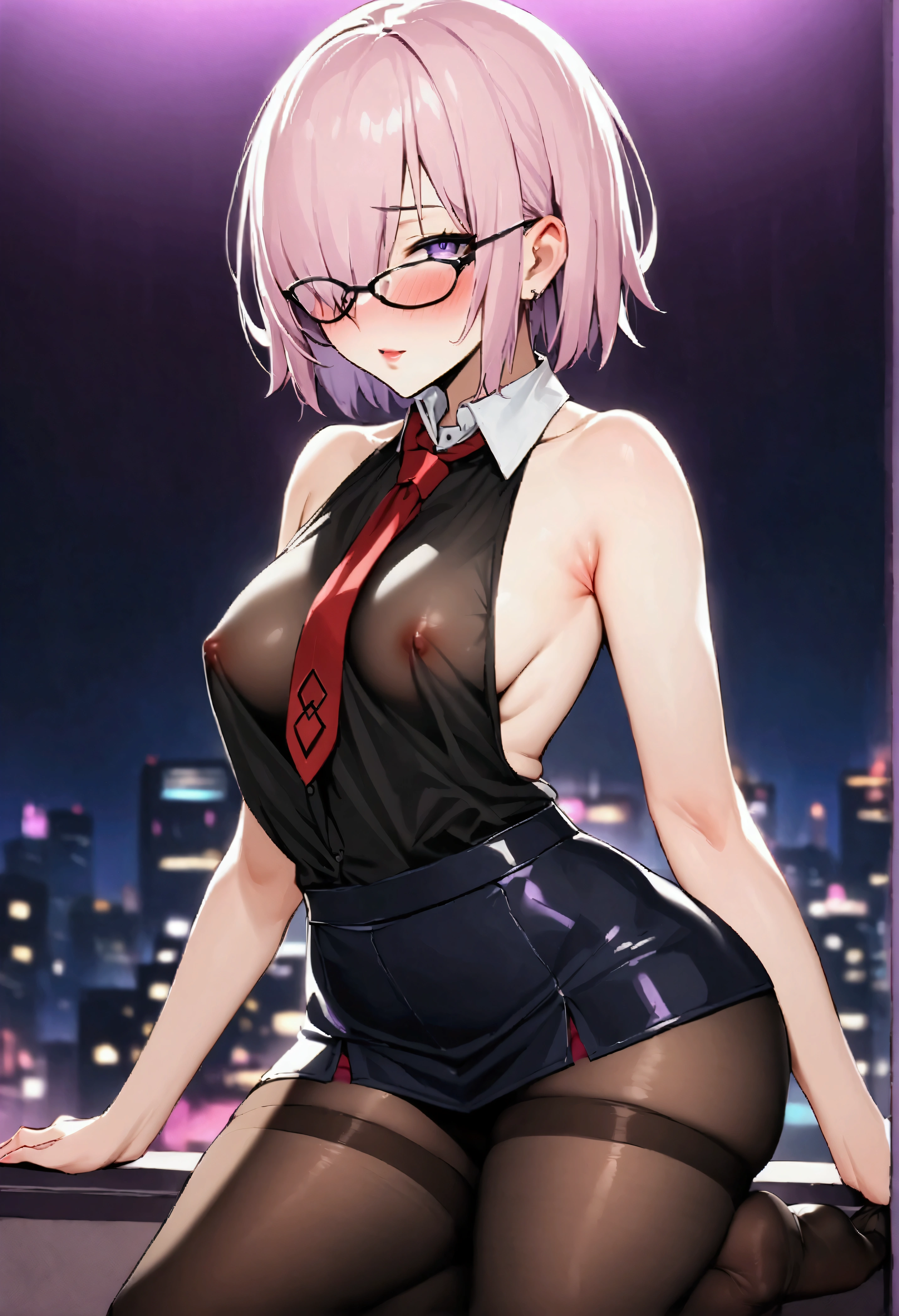 NSFW,masterpiece,Highest quality,High resolution,Very detailed,Mash Kyrielight\(Fate/grandorder\),short hair,Purple Eyes,Pink Hair,(Hair over one eye:1.2),Glasses,Collared shirt,(White collar:1.1),Black Shirt,tie,赤いtie,No sleeve,Off the shoulder,mini skirt,Black Skirt,(Black Pantyhose:1.2),Nightlife,cyber punk,Lustful face,Seduce