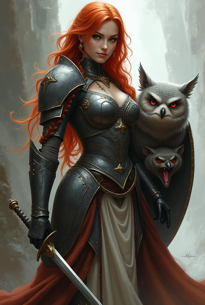 Create of an armored warrior with red hair , she is strong , white skin wears heavy armor shield and a short sword besides always having an Owlbear with her scarred gray bear with a hand face while she exudes charm and beauty