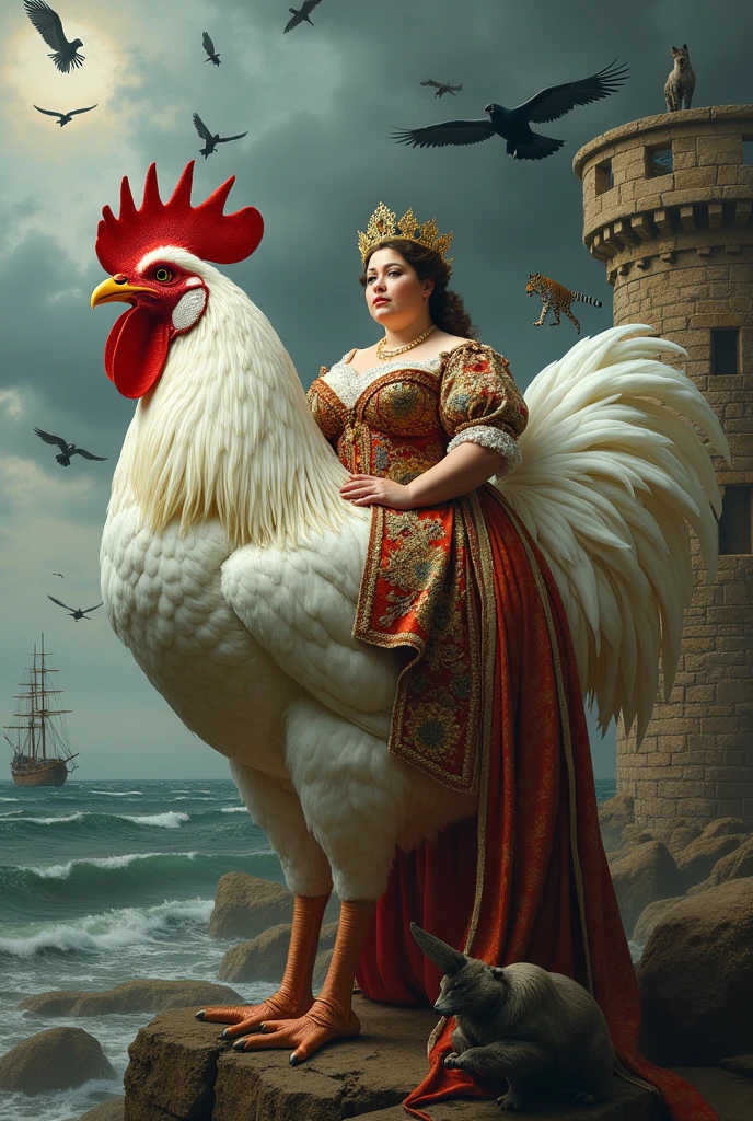 Fat woman in baroque clothes on top of a huge white rooster, Behind them is a broken stone wall, the sea is behind with a strong storm and an old wooden boat, There are many crows on the wall, tigers, leopards, rhinoceros 