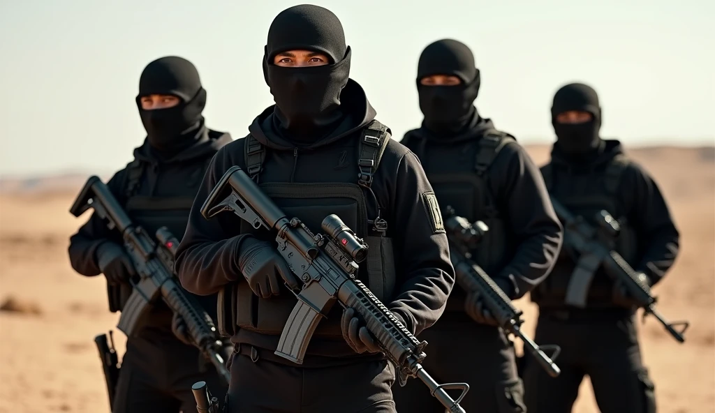high quality photograph of a group of special forces operatives standing in a row in a desert-like environment. They are dressed in sleek black tactical gear with a minimalist design. Each of them wears lightweight tactical helmets and balaclavas, partially concealing their faces. Although their equipment varies slightly, they all carry modern, uniform M4A1 LVOA-C carbines, equipped with suppressors and red dot sights. The differences in their gear emphasize their individuality, but the team’s unity and professionalism shine through in their confident stances and coordinated presence, showcasing their camaraderie and readiness for action.