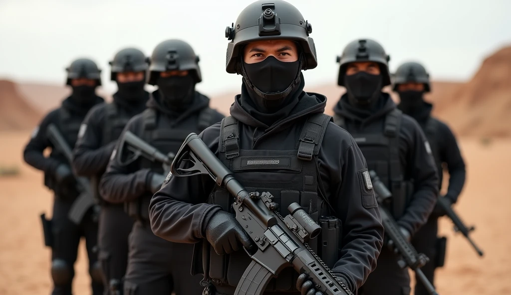 high quality photograph of a group of special forces operatives standing in a row in a desert-like environment. They are dressed in sleek black tactical gear with a minimalist design. Each of them wears lightweight tactical helmets and balaclavas, partially concealing their faces. Although their equipment varies slightly, they all carry modern, uniform M4A1 LVOA-C carbines, equipped with suppressors and red dot sights. The differences in their gear emphasize their individuality, but the team’s unity and professionalism shine through in their confident stances and coordinated presence, showcasing their camaraderie and readiness for action.