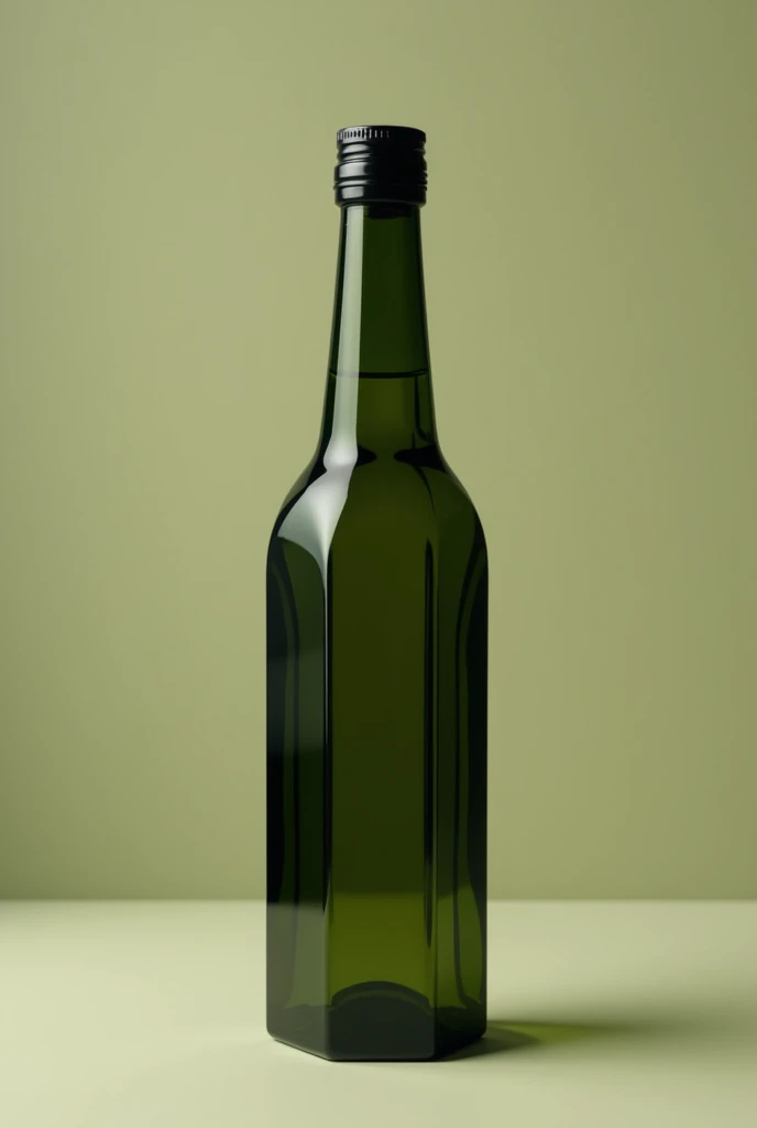 Realistic dark transparent green slim oil bottle with octagonal base and body for mockup, I want the same bottle of Olivetto brand extra virgin olive oil, that the bottle has the same characteristics as the Olivetto brand, but is thinner in the middle, bottomless, that the file type is adobe photoshop, the neck of the bottle shorter and the body and octagonal base more noticeable, make it look more realistic, shorter the neck of the bottle, la referencia es la forma de a botella de aceite olivetto un poco shorter the neck of the bottle y circular la zona despues del cuello