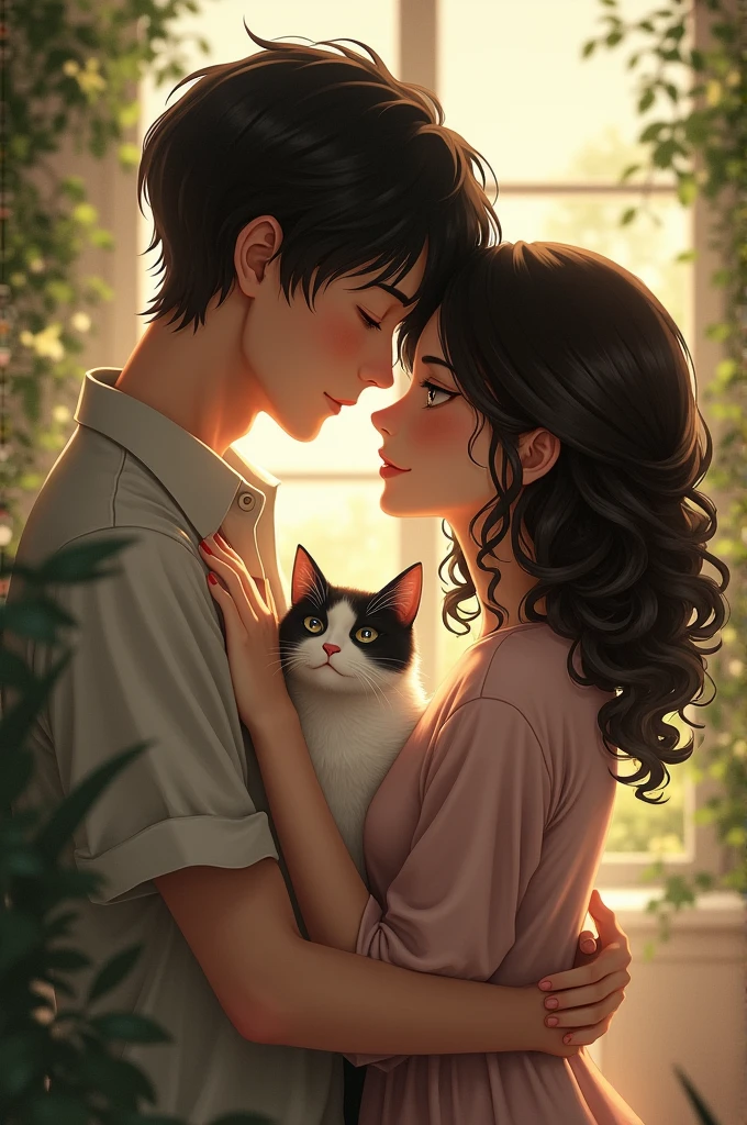 couple in love. Brunette girl with curly black hair and brunette boy with black hair with mole on left eye with white cat with black spots
