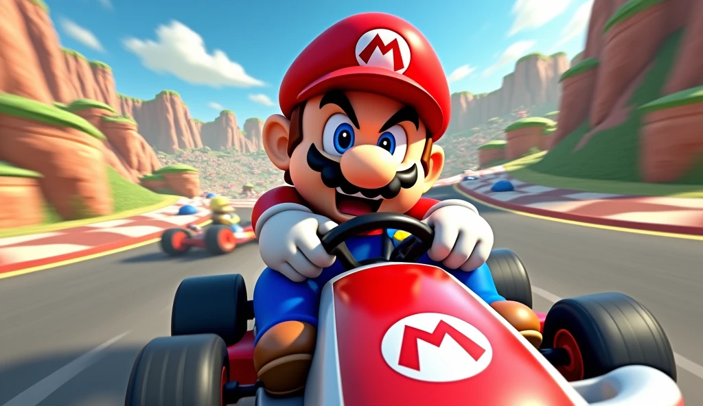 Angry Mario in the foreground on a kart, with a Mario Kart Double dash circuit in the background.