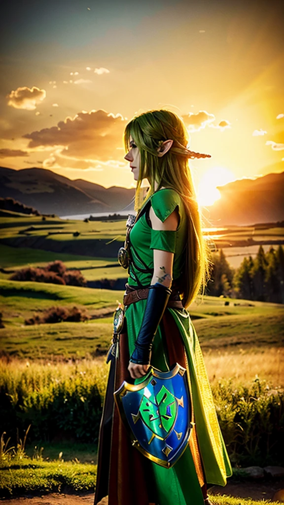 Photorealistic Link from Ocarina of time, alone, poster, 4k final perfect, golden evening sun, hylian shield