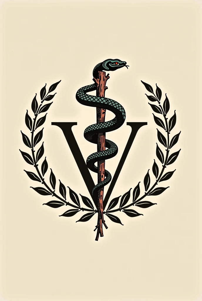 Asclepius: The snake wrapped around a branch. In the coat of arms of veterinary medicine in beige color Branches and laurel leaves: These branches usually surround the main symbol., in beige color With the letter V behind it